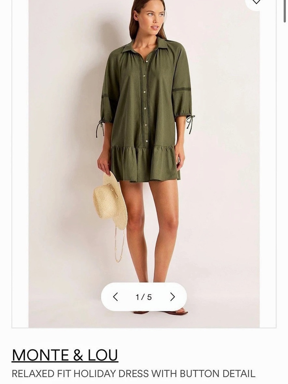 Monte & Lou Relaxed Fit Holiday Dress with Button Detail Mini Dress in Green